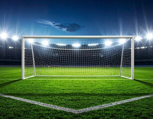 Fototapeta premium Illuminated soccer goal on green field at night.