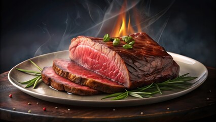 Close-up sizzling tender cut of premium bison steak on plate