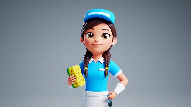 Cartoon character in cleaning uniform holding sponge against a gray backdrop
