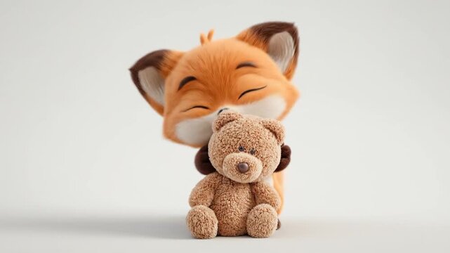 Animated fox hugging teddy bear against a neutral background