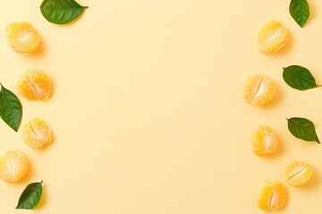 Photo of a few tangerines with green leaves on the edges, scattered around in an empty space on a light yellow background