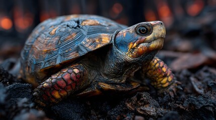 Obraz premium Colorful Turtle Crawling Through Charred Earth in Nature Scene