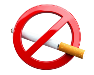 3D No Smoking Symbol with Cigarette and Glossy Red Slash, isolated on transparent background
