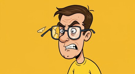 Cartoon man with broken eyeglasses and angry expression on yellow background