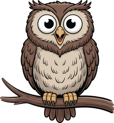 Cartoon owl, vector bird, perched animal, tree branch, expressive eyes, cute feathers, woodland creature, stock illustration, children art, educational design