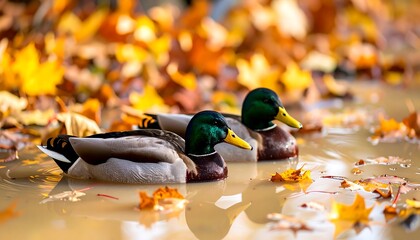 Ducks in autumn leaves