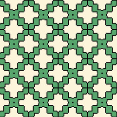 Fototapeta premium Seamless geometric cross pattern in sage green and beige, an ornate retro tileable design, abstract textile background texture