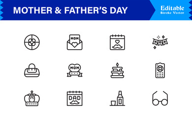 Mother And Father’s Day Line Icon Set – Modern Minimal Family Symbols, Parent Appreciation Line Icon Collection