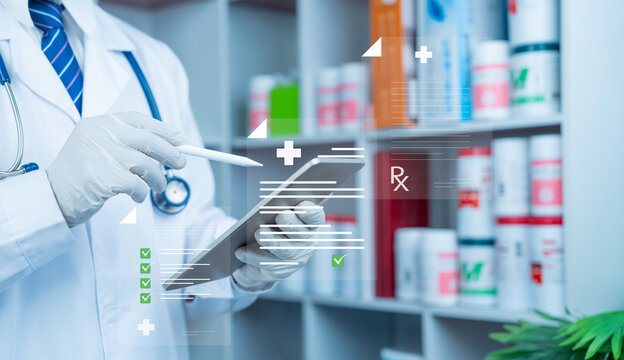 Doctor using digital tablet prescription RX medical checklist pharmacy healthcare technology innovation