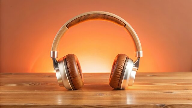 Sleek modern headphones on a minimalist wooden table with subtle LED lighting effects