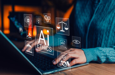 AI Ethics and Responsible Artificial Intelligence Governance Concept. Person using laptop with...