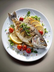 Pan-seared fish on a white plate with sliced tomatoes and a sprinkle of fresh herbs