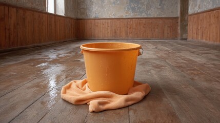 Orange bucket with water on wet wooden floor in empty room designed for cleaning and maintenance activities during home improvement tasks and renovations