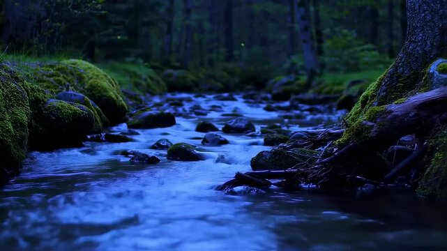 Enchanting woodland stream with moss covered rocks and the soothing sounds of nature perfect for