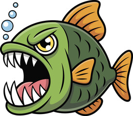 Cartoon piranha fish, angry expression, sharp teeth, green body, orange fins, underwater bubbles, vector illustration, aggressive aquatic character, monster theme