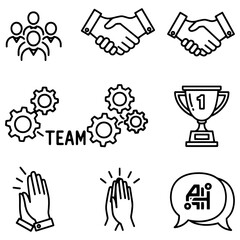 Fototapeta premium Business and Teamwork Vector Icon Set: Black and White Illustrations of Collaboration, Success, and Communication.