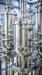 Close-up of stainless steel bioreactor components including tubes