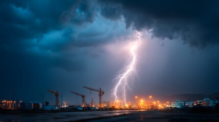 Dramatic Lightning Strike Over Construction Site Under Stormy Sky