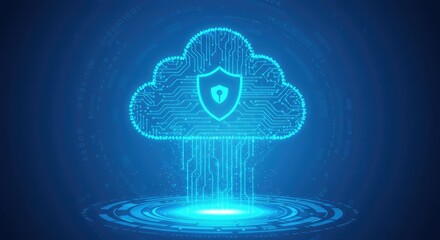 Digital cloud computing security concept with shield and lock icon, data protection.