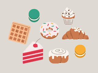 Set of sweets. Vector color image of various desserts.