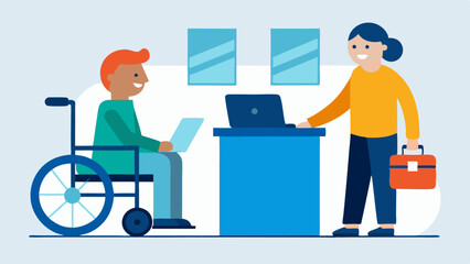 Airport CheckIn A cheerful traveler in a wheelchair at an airport checkin counter chatting with a friendly airline staff member assisting with luggage.