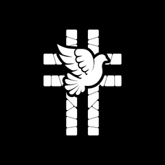 Dove and christian cross icon isolated on black background
