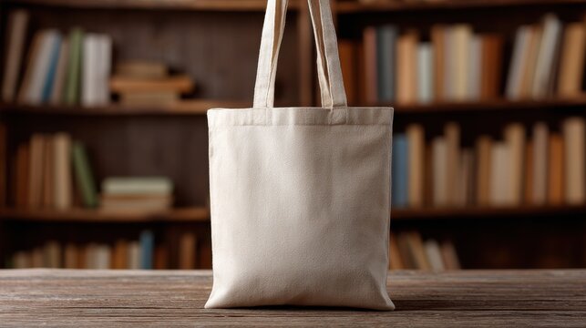 Elegant photo of beige canvas tote bag mockup template on wooden table in library. Eco friendly totebag mock up made of natural cotton. Reusable shopper ecobag canvas for design.