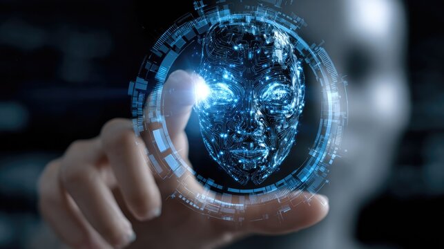 A futuristic representation of artificial intelligence, showcasing a human-like face emerging from a digital interface, symbolizing the convergence of technology and humanity.