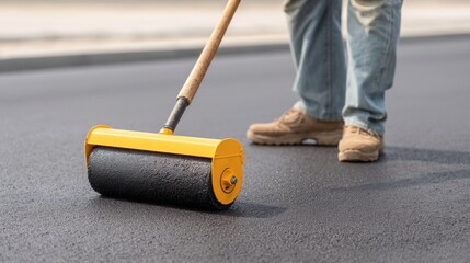 Fototapeta premium Worker Painting Freshly Laid Asphalt Road with Roller in Urban Environment, Focusing on Details of Construction Work and Equipment