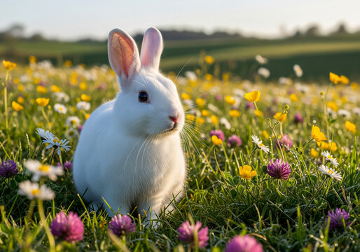 A white rabbit sits peacefully in a vibrant meadow of yellow and purple wildflowers under bright, natural sunlight.