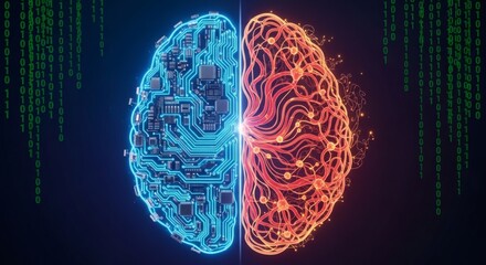 Conceptual art of a brain divided into logical technology and creative organic thought, representing the duality of intelligence