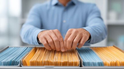Organized Hands Sorting Colorful File Folders in a Modern Office Environment for Efficient Document Management and Streamlined Record Keeping