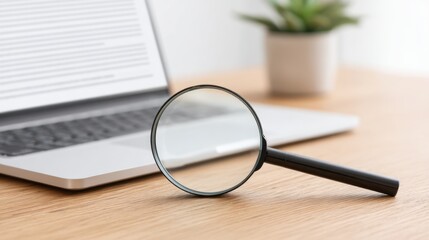 Fototapeta premium Close-Up of a Magnifying Glass on a Wooden Desk Beside a Laptop with a Notepad and a Green Plant for Office or Study Setup