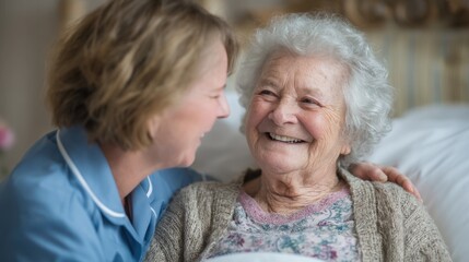 Elderly woman and caregiver sharing joyful moment at home with warm smile and affectionate interaction