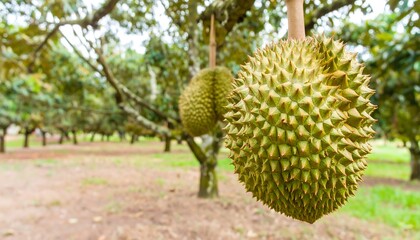 Durian fruit hanging from trees in orchard