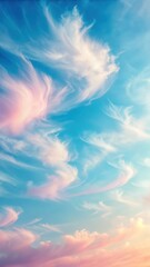 Soft pink clouds drift across a pale blue sky with a few wispy strands