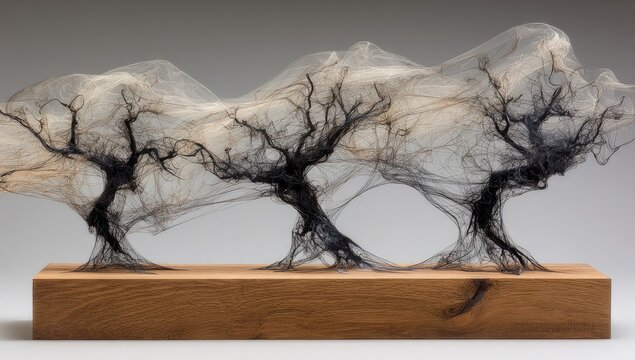 Abstract, flowing forms,  like trees,  translucent,  dark,  on wood base