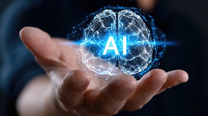 A human hand holding a glowing brain symbolizing artificial intelligence. This representation highlights the fusion of technology and human intellect in the modern age.