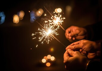 Festive Sparkling Fireworks Night Celebration Close up Hands Holding Bright Burning Sparklers