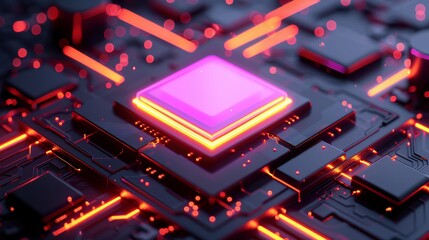 Detailed view of a radiant purple microchip embedded in a circuit board assembly