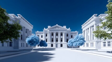 Fototapeta premium Imposing white government building with grand neoclassical columns, stairs, and symmetrical design, set against a clear blue sky and surrounded by lush trees