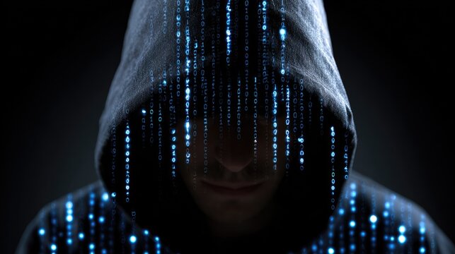 A mysterious figure cloaked in a hood, surrounded by streams of binary code, representing the intersection of technology and secrecy. An evocative image of the digital age.