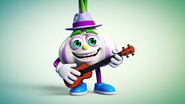 Animated garlic character playing a ukulele against gradient background