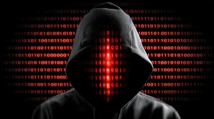 A mysterious figure in a hooded sweatshirt stands against a backdrop of binary code. The red glow emphasizes the theme of cybersecurity, secrecy, and the digital world.