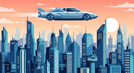 Futuristic Flying Car Cityscape Sunset.