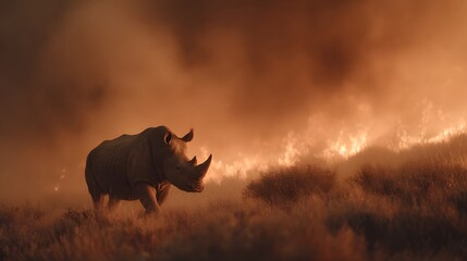 Lone Rhinoceros Walking Through Fiery Landscape at Sunset