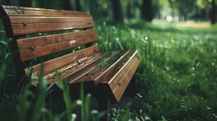 Tranquil park bench nestled in vibrant green grass, perfect for relaxation and nature appreciation