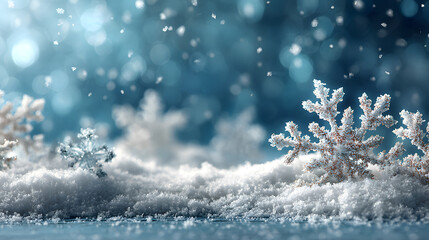 Karte für Weihnachten, weihnachtlicher Hintergrund mt Schneeflocken, winterlicer Hintergrund in Weiß undBlau mit Schnee, Platz fürCopytext