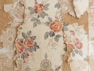 Close-up of old vintage floral wallpaper peeling off the wall, showing textured surface and aged detail background.
