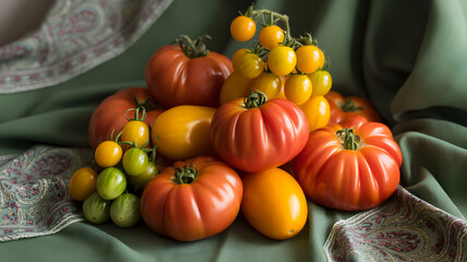 A still life arrangement of ripe red and yellow tomatoes and green cherry tomatoes on a draped green fabric with a paisley pattern
